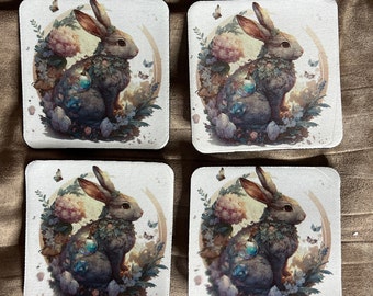 Soft Neoprene 4x4 Coasters, Rabbit and Flowers, Choose individually or in Sets of 4