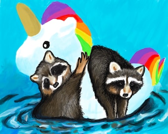 RACCOONS on UNICORN Floatie Signed Art PRINT of Original Digital Painting Artwork by Vern 8x10 11x14 12x16