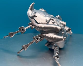 3D Printed Articulated Steampunk Rhino Beetle Unpainted Chrome Look Poseable Fidget Toy Cinderwing3D