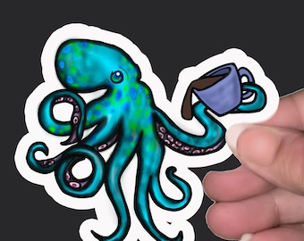 Octopus with Coffee Removable Vinyl Sticker Decal for Laptops, Water Bottles, Walls, Tablets, Indoor use
