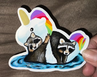 RACCOONS on UNICORN Floatie Removable Vinyl Sticker Decal for Laptops, Water Bottles, Walls, Tablets, Indoor use