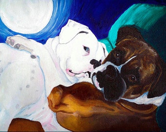 Busted Boxers White and Fawn Boxer Dog Signed Art PRINT of Original Oil Painting Artwork by Vern 8x10 11x14 13x19