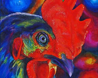 Colorful ROOSTER Signed Art PRINT of Original Oil Painting Bird Chicken Farm Square Artwork by Vern 8x8 11x11 13x13