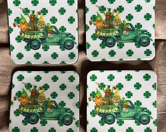 Soft Neoprene 4x4 Coasters, St. Patrick's Day Gnomes in Green Truck, Choose individually or in Sets of 4