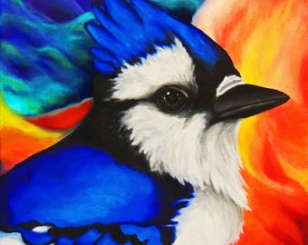 BLUE JAY Signed Art PRINT of Original Oil Painting Bird Wildlife Nature Square Artwork by Vern Different Sizes Available 8x8 11x11 13x13