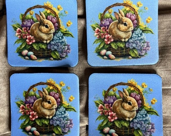 Soft Neoprene 4x4 Coasters, Easter Bunny in Basket of Flowers, Choose individually or in Sets of 4