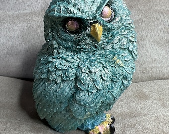 Teal Green and Gold Resin Owl Spirit Animal One of a Kind OOAK Sculpture