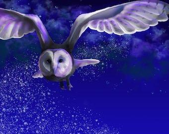 Flying Barn Owl at Night Art PRINT of Original Digital Painting Artwork by Vern 8x10 11x14 13x19