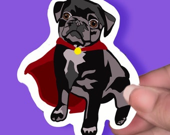 BLACK PUG with Cape Superpug Costume Removable Vinyl Sticker Decal for Laptops, Water Bottles, Walls, Tablets, Indoor use Halloween Dog