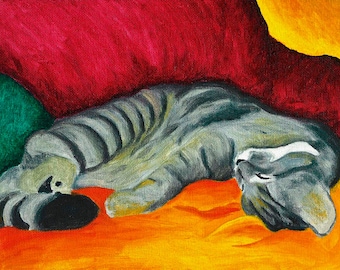 Cat Nap Gray Sleeping Tabby Cat Signed Art PRINT of Original Oil Painting Artwork by Vern 8x10 11x14 13x19