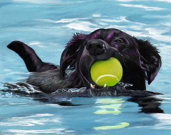 BLACK LAB Labrador Retriever Swimming with Ball Dog Art PRINT of Original Digital Painting Animal Artwork by Vern 8x10 11x14 12x16 13x19