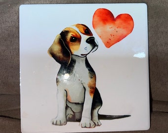 Beagle Dog and Hearts 4x4 Ceramic Art Tile / Coaster