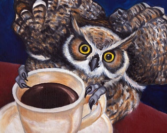 COFFEE OWL Signed Art PRINT of Original Oil Painting Bird Artwork by Vern 8x10 11x14 12x16