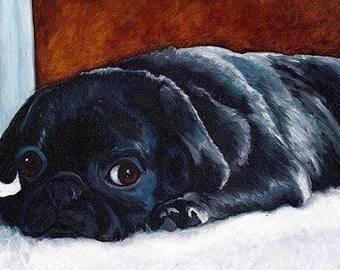 BLACK PUG Puppy Dog Signed Art PRINT of Original Oil Painting Artwork by Vern Different Sizes Available 8x10 11x14 13x19