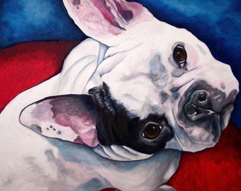 French Bulldog White with Patch Signed Dog Art PRINT of Original Oil Painting Square Artwork by Vern 8x8 11x11 13x13