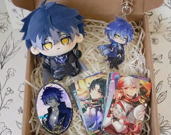 May include: A gift box containing a plush doll with blue hair and yellow eyes, an acrylic keychain of a blue-haired character, an oval badge featuring a blue-haired figure, and a stack of illustrated character cards with various anime-style designs.