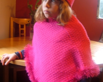 Hand Crocheted Sparkly Pink Poncho with Fun Fur Trim