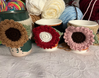 Crocheted Sunflower Coffee Sleeve: Washable Yarn Cup Cozy
