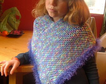 Hand Crocheted Pastel Poncho with Fun Fur Trim