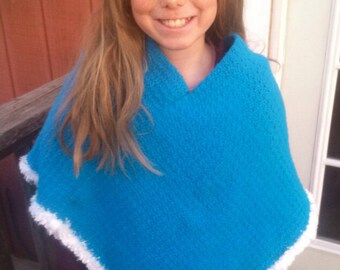 Girls Crocheted Poncho: Sparkly Teal, Machine Washable