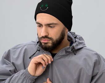 Gorro de invierno unisex con borde doblado y estampado de hojas de marihuana bordadas: gorro de acrílico para invierno
