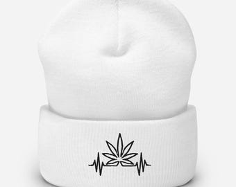 Gorro de invierno con puño y estampado de hoja de marihuana, gorro de moda personalizado