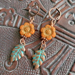CZECH BEAD EARRINGS, Orange Flower and Leaf Earrings, Dangle Earrings, Mothers Day Gift, Graduation Gift