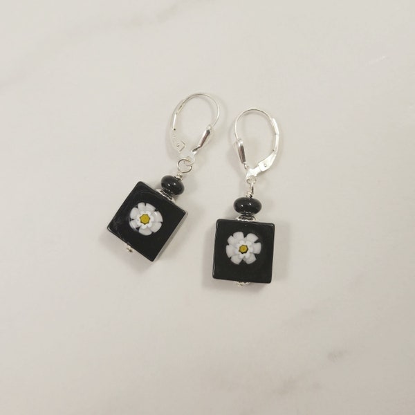 Murano Black Millefiori Earrings, Black Glass Earrings with White Flower, Dangle Earrings