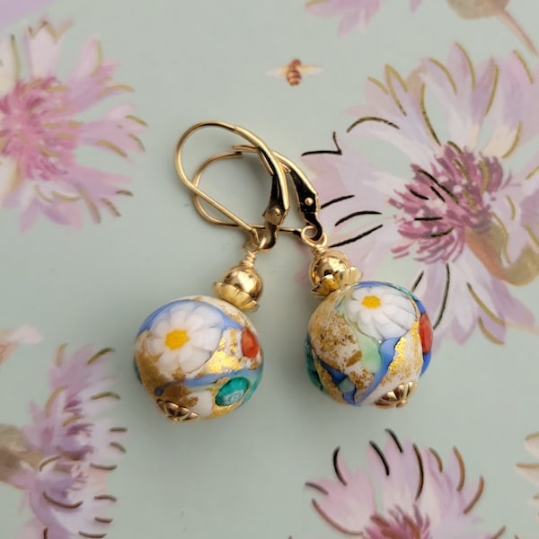 PENDIENTES MILLEFIORI VENECIANOS, Pendientes colgantes Millefiori pastel "Inspirados en Klimt"