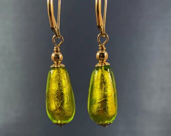 MURANO GLASS EARRINGS, Peridot Teardrop Earings, Dangle Earrings