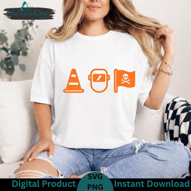 May include: White t-shirt with orange graphics of a traffic cone, welding mask, and pirate flag. The shirt also has the words "Digital Product", "SVG", "PNG", and "Instant Download" at the bottom.