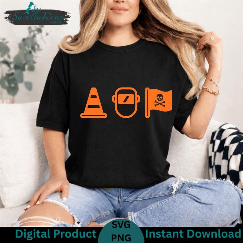 May include: Black t-shirt with orange graphics of a traffic cone, welding mask, and a flag with a skull and crossbones. The shirt also has the text "AOP". The bottom of the image has the text "Digital Product PNG Instant Download".