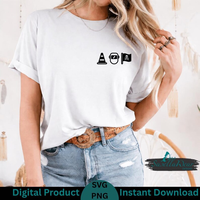 May include: White t-shirt with a black graphic of a traffic cone, welding mask, and pirate flag. The text "AOP" is above the graphics. The shirt is worn with blue jeans and a brown belt. Digital product available.