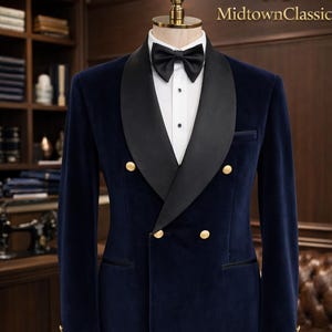 Navy Blue Velvet Double Breasted Tuxedo Jacket Men Black Satin Shawl Lapel Party Blazer