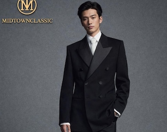 Black Double Breasted Men's Suit Wide Leg Trousers Peak Lapel Custom Made Prom Tuxedo Formal Wedding Attire Two Piece Set