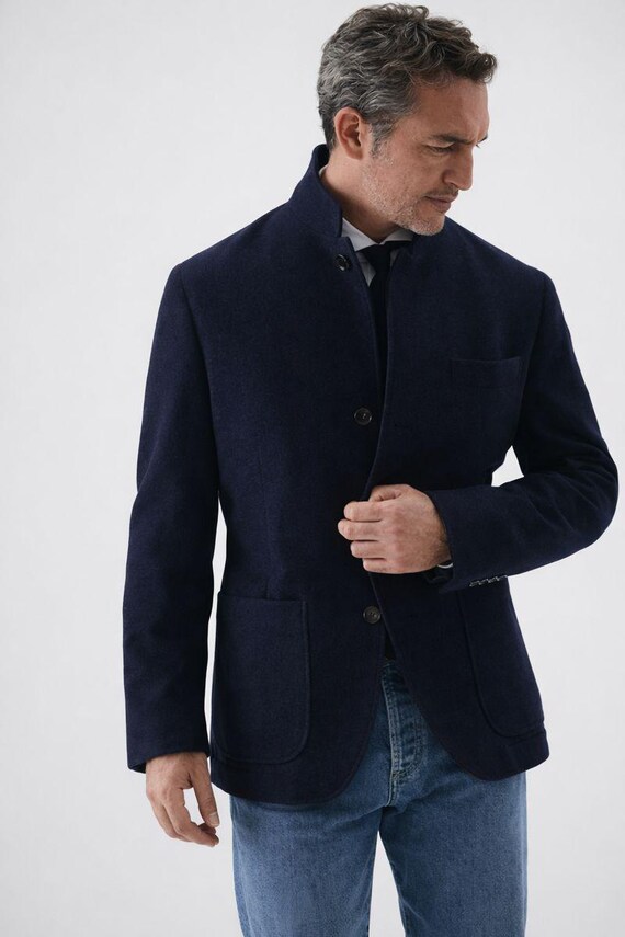 Men’s Navy Blue Tailored Blazer Tweed Jacket – Formal & Smart Casual Wear