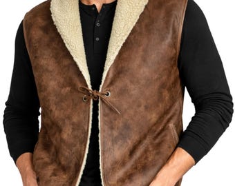 Clint Eastwood Spaghetti Western Faux Shearling Brown Leather Vest – Spaghetti Western Inspired Vintage Cowboy Leather Vest
