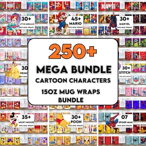 Mais de 250 designs de canecas de 15 oz com personagens de desenho animado para sublimação PNG para download instantâneo