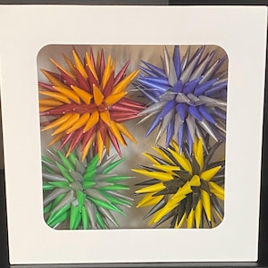 Può includere: Un set di quattro ornamenti a forma di stella colorati in una scatola bianca. Gli ornamenti sono nei toni del rosso, arancione, giallo, blu, argento, verde e nero. Ogni ornamento ha un design a forma di stella appuntita.