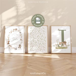 Pósters de animales del bosque para niños, personalizados con una letra y el nombre del niño, para imprimir en casa, juego de 3 pósters - JULES