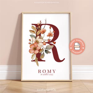 Personalized children's room poster with floral initial and child's name, printable at home - ROMY