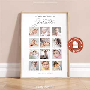 Könnte beinhalten: Ein gerahmter Druck mit einer Collage von zwölf Babyfotos. Der Druck trägt den Titel "Juliettes erstes Jahr" und enthält das Datum "15. Mai 2023". Der Rahmen ist hell und der Hintergrund ist weiß. Ein Symbol für das digitale Format ist sichtbar.