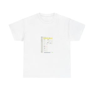 May include: A white t-shirt featuring a printed design. The design appears to be a screenshot of a webpage with text and icons. The shirt is made of a soft, comfortable material.