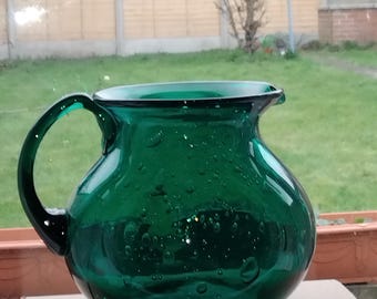 Vintage bubble green glass jug handmade, hand blown