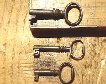 3 Antique Georgian Black smith made keys for chest of drawers, Pad locks ,Jewellery boxes and other small locks