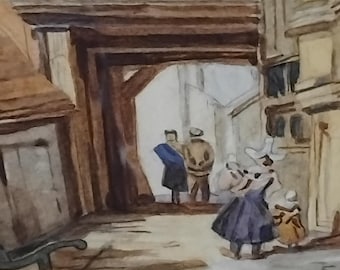 Continental Street with figures By L.Newton.Stamped ESK .South Kensington