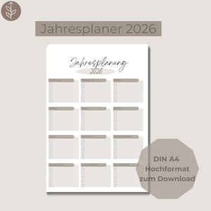 Pode incluir: Um planejador anual minimalista de 2026 em uma paleta de cores neutras. O design apresenta seções mensais com caixas de seleção e o texto "Jahresplaner 2026" no topo. O planejador está em formato DIN A4.