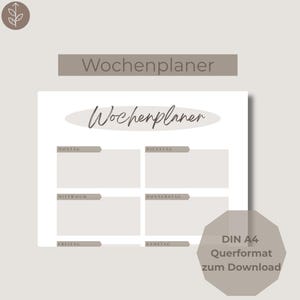 Puede incluir: Un planificador semanal blanco con la palabra "Wochenplaner" en escritura cursiva. Los días de la semana están listados en alemán. El planificador está en formato A4 horizontal y disponible para descargar.