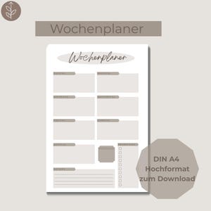 Puede incluir: Un planificador semanal blanco con un diseño minimalista. El planificador incluye secciones para cada día de la semana, una sección de notas y una lista de verificación de prioridades. El texto "Wochenplaner" está en la parte superior, con texto adicional que indica el formato DIN A4.