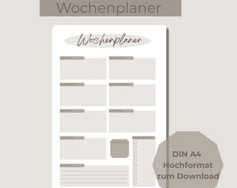 Op de afbeelding: Een witte weekplanner met een minimalistisch ontwerp. De planner bevat secties voor elke dag van de week, een notitiesectie en een prioriteitenlijst. De tekst "Wochenplaner" staat bovenaan, met extra tekst die het DIN A4-formaat aangeeft.